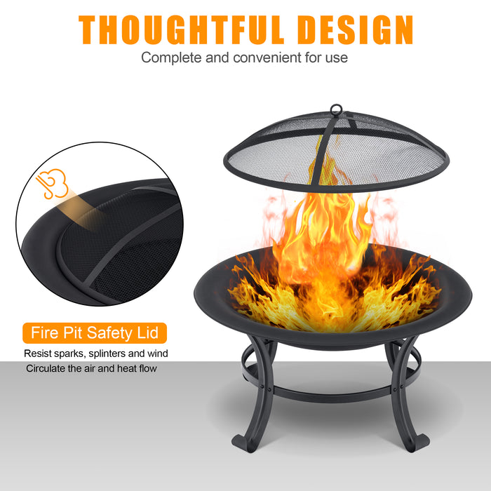 MCombo 30" Metal Black Fire Pit Round Table Backyard Patio Terrace Fire Bowl Heater/BBQ/Ice Pit with Charcoal Rack Waterproof Cover FT073, Black