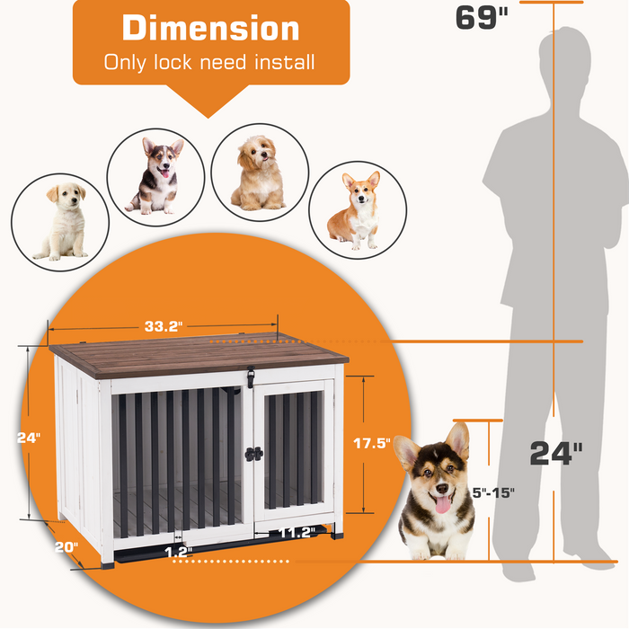 Mcombo Wooden Dog Crate Furniture End Table with Door, No Assembly Portable Foldable Pet Crate Dog Kennel Indoor with Removable Tray