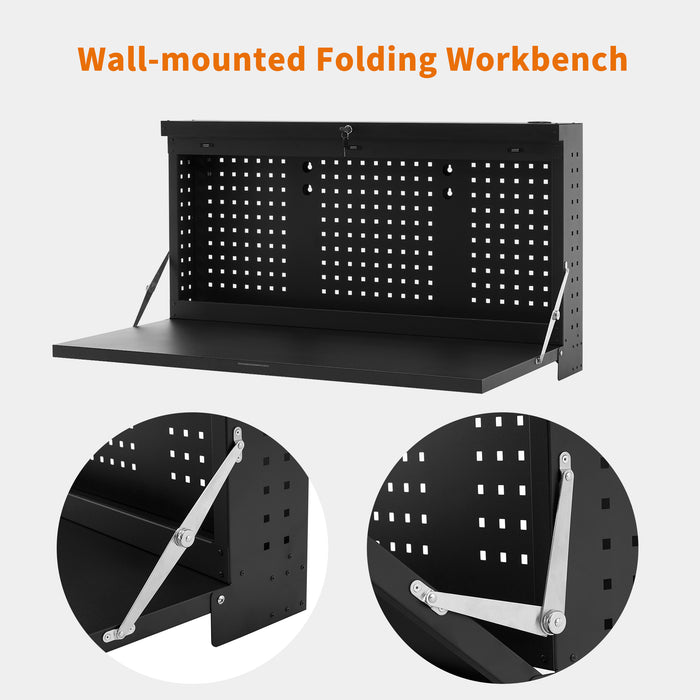 Mcombo Metal Wall Mounted Workbench for Garage, Folding Worktable with Pegboards, Workstation Workout Bench for Shop  6220-BOX-11