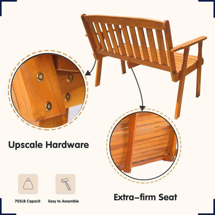 Mcombo Patio Wood Garden Bench 2-Seat ,Outdoor Acacia Loveseat furniture, All-Weather Bench with Backrest and Armrest for Deck Porch Balcony Backyard, 705 lbs Capacity 6083-BC01-WD