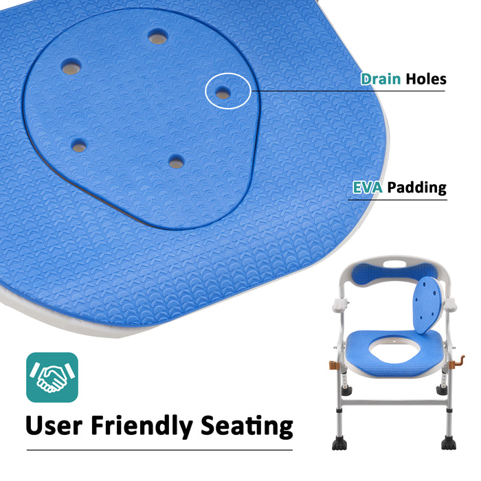 Mcombo Folding Shower Chair for Travel, Shower Chair No Assembly with Unique Anti-Slip Foot, Bedside Shower Commode Chair with Drop Arm and Backrest for Seniors, Disabled, Lightweight Portable