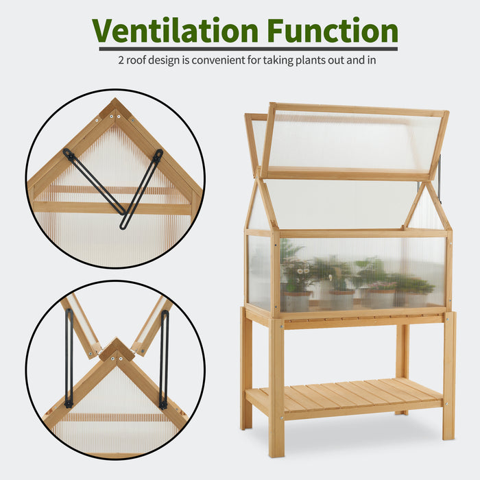 MCombo Cold Frame Greenhouse, Portable Wooden Greenhouse Raised Potted Plant Protection Box with Shelf for Outdoor Indoor Use, 0266