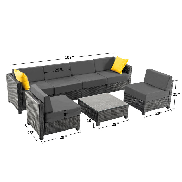 Mcombo Patio Furniture Sets 7 Pieces Outdoor Wicker Sectional Sofa Set, PE Rattan Aluminum Frame Conversation Sets with Washable Cushion and Glass Table for Garden, Proch, and Backyard, 6080-7PC