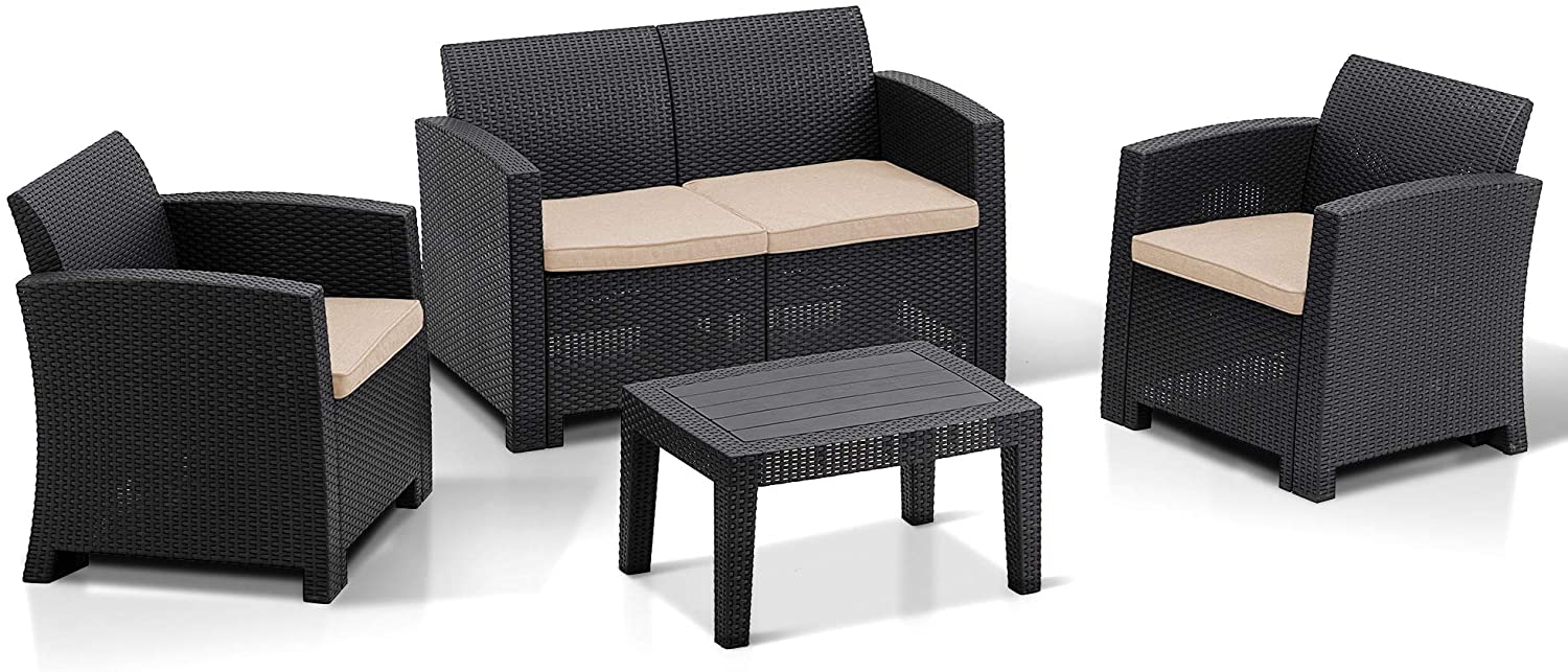 MCombo 5pc All Weather Outdoor Patio Garden Bench Furniture Set w/ Removable Seat Cushions, Plastic Charcoal Wicker Pattern Sofa , Optional Color and Combination 6050-800