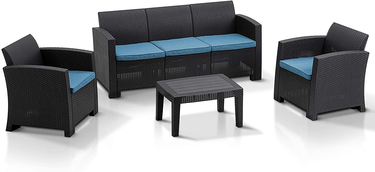 MCombo 5pc/6pc/7pc All Weather Outdoor Patio Garden Bench Furniture Set w/ Removable Seat Cushions, Plastic Charcoal Wicker Pattern Sofa , Optional Color and Combination  6050-800