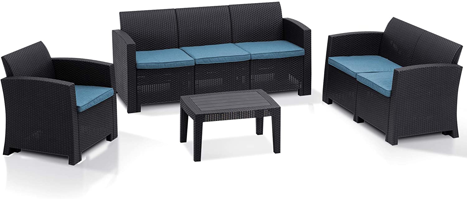 MCombo 7pc All Weather Outdoor Patio Garden Bench Furniture Set w/ Removable Seat Cushions, Plastic Charcoal Wicker Pattern Sofa , Optional Color and Combination 6050-800
