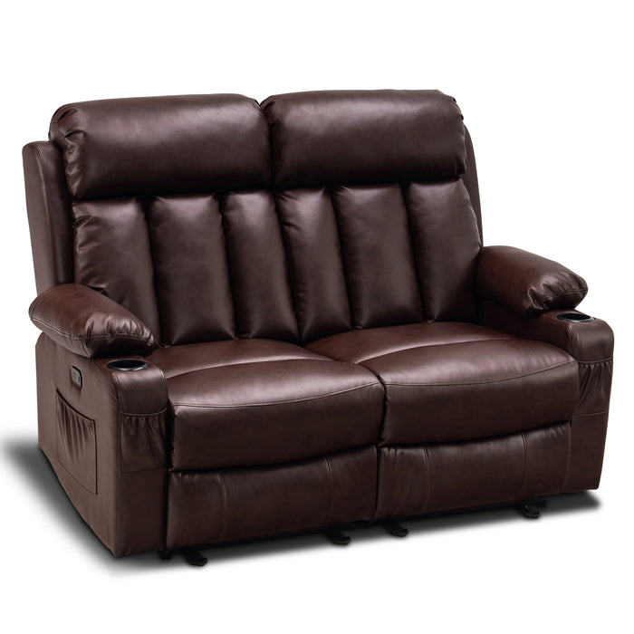 Mcombo Leather Power Loveseat Recliner, Electric Reclining Loveseat Sofa with Heat and Massage, Cup Holders, USB Charge Port for Living Room 6075/ 6095(with Console)