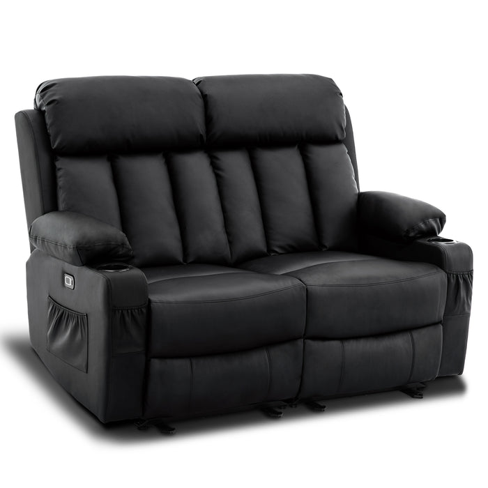 Mcombo Leather Power Loveseat Recliner, Electric Reclining Loveseat Sofa with Heat and Massage, Cup Holders, USB Charge Port for Living Room 6075/ 6095(with Console)