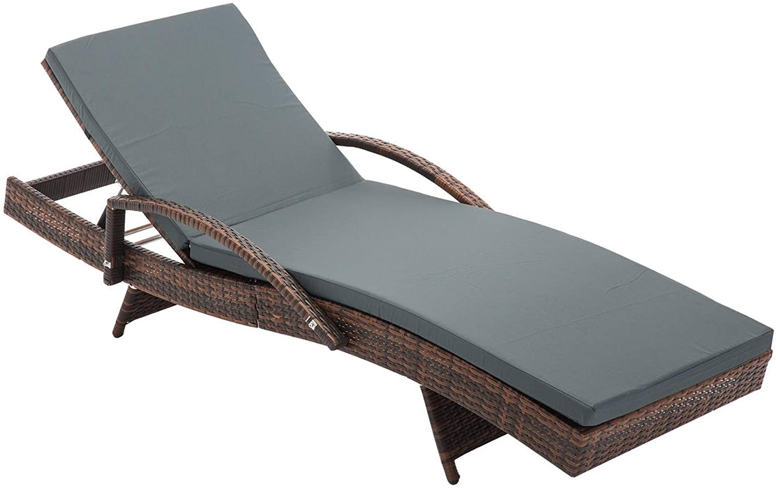 Mcombo  Wicker Lounge Chaise Patio Outdoor Adjustable Chair Furniture Brown Resin Rattan Reclining Cushioned Bed with 300LB Weight Capacity 6082-TYBR-EY