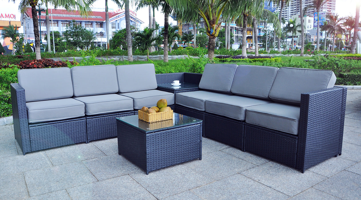 Mcombo Outdoor Patio Black Wicker Furniture Sectional Set All-Weather Resin Rattan Chair Conversation Sofas with Water Resistant Cushion Covers 6085 8PC