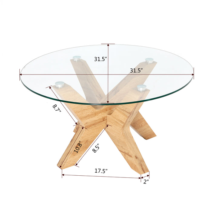 Mcombo Modern Mid-Century Glass Round Coffee Table for Living Room 32 inch Wood Frame 6090-TREE-CT