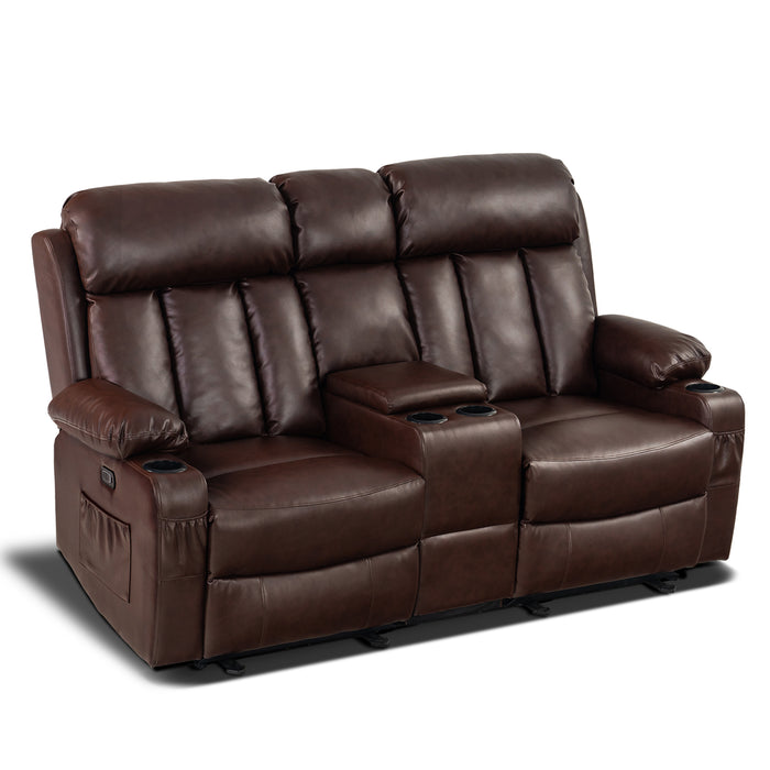 Mcombo Leather Power Loveseat Recliner, Electric Reclining Loveseat Sofa with Heat and Massage, Cup Holders, USB Charge Port for Living Room 6075/ 6095(with Console)