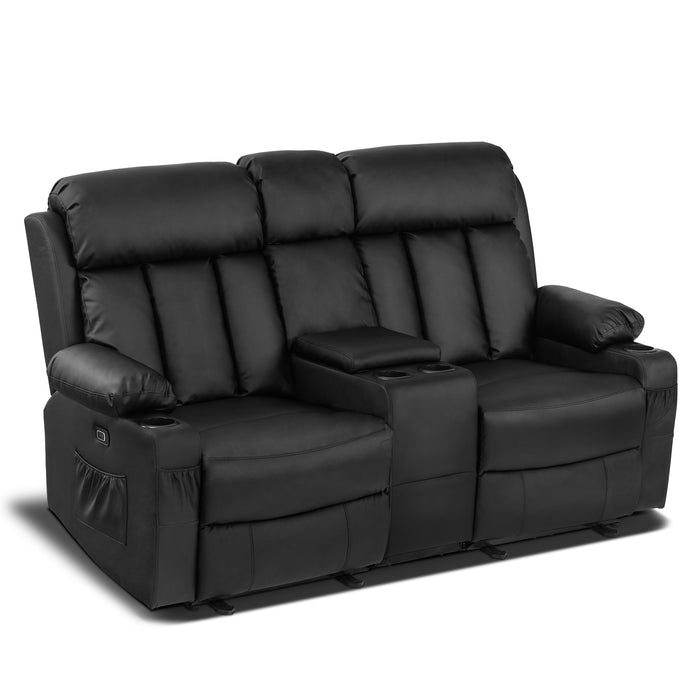 Mcombo Leather Power Loveseat Recliner, Electric Reclining Loveseat Sofa with Heat and Massage, Cup Holders, USB Charge Port for Living Room 6075/ 6095(with Console)