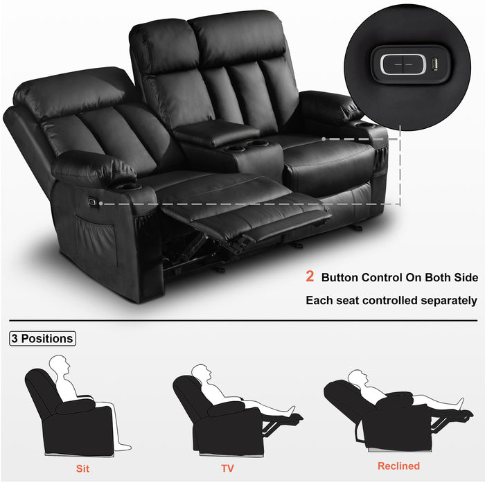 Mcombo Leather Power Loveseat Recliner, Electric Reclining Loveseat Sofa with Heat and Massage, Cup Holders, USB Charge Port for Living Room 6075/ 6095(with Console)