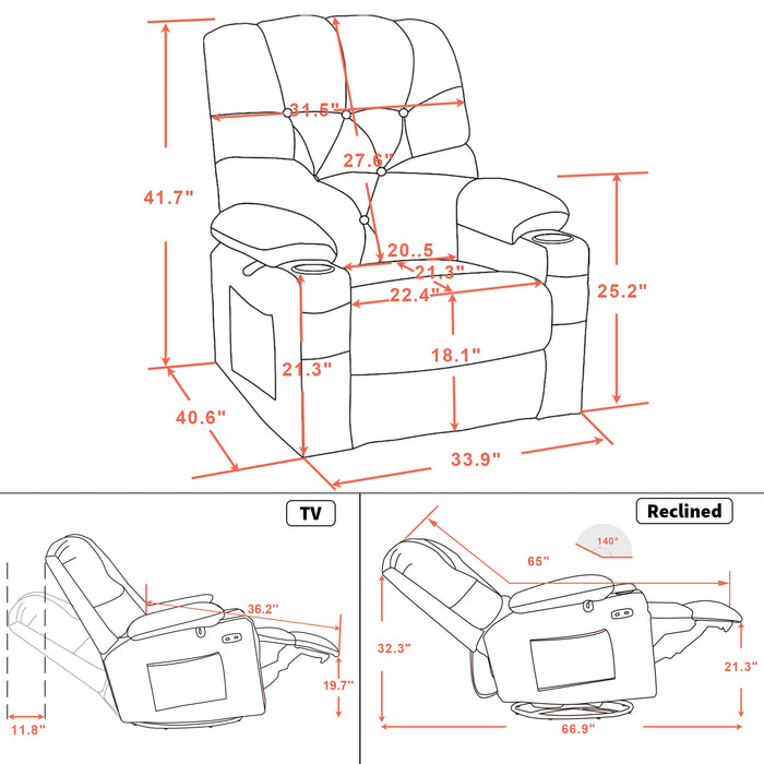 Mcombo Electric Power Swivel Glider Rocker Recliner Chair with Cup Holders for Nursery, Hand Remote Control, USB Ports, 2 Side & Front Pockets, Plush Fabric 7797