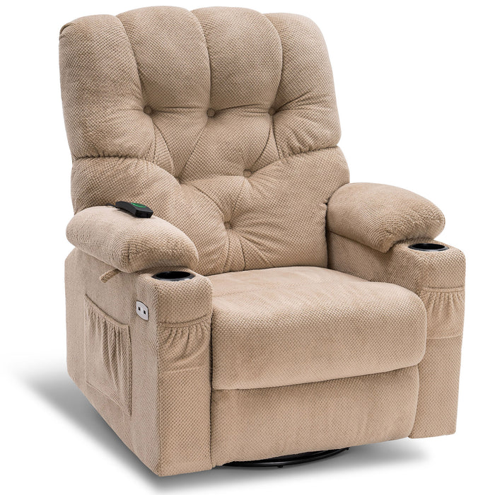 Mcombo Electric Power Swivel Glider Rocker Recliner Chair with Cup Holders for Nursery, Hand Remote Control, USB Ports, 2 Side & Front Pockets, Plush Fabric 7797