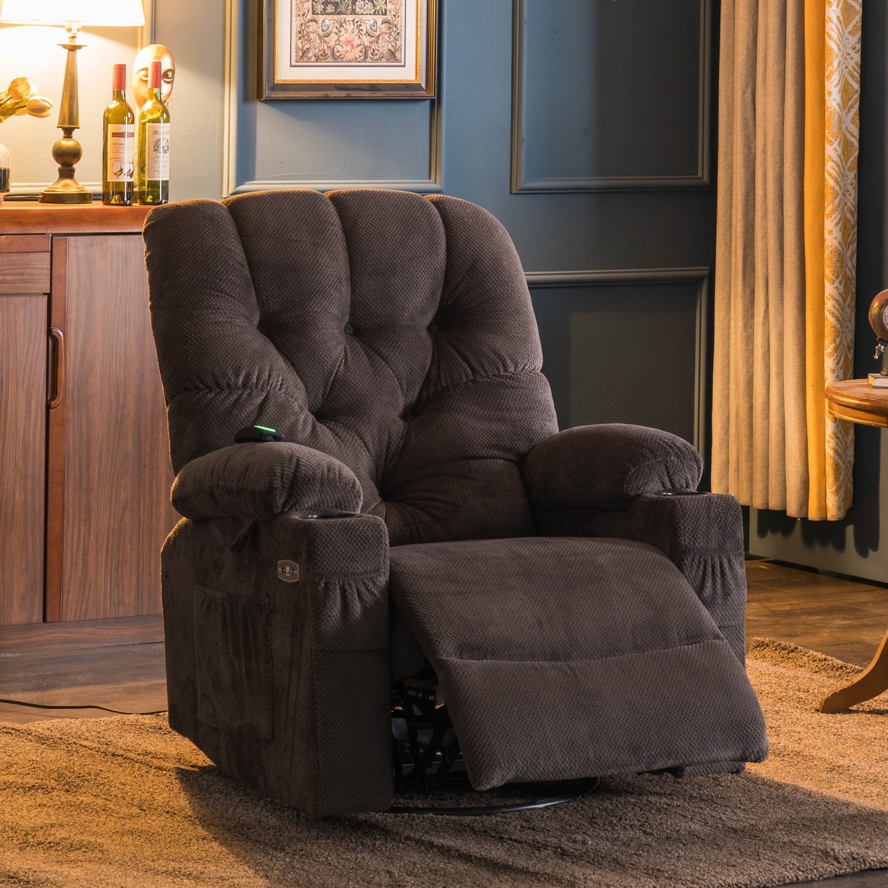 MCombo Power Recliner Chair With Heat & Vibration Massage - Zero Gravity, USB Ports, Cup Holders, Brown Fabric