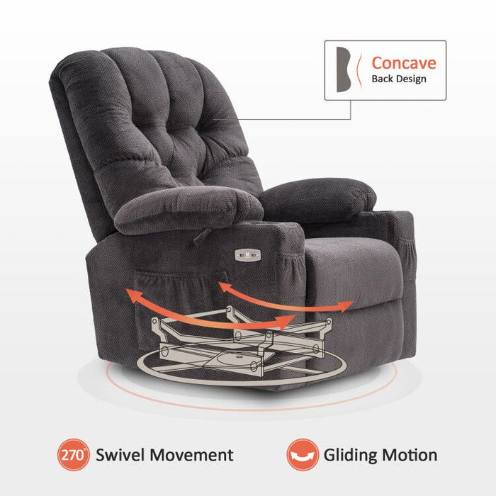 Mcombo Electric Power Swivel Glider Rocker Recliner Chair with Cup Holders for Nursery, Hand Remote Control, USB Ports, 2 Side & Front Pockets, Plush Fabric 7797