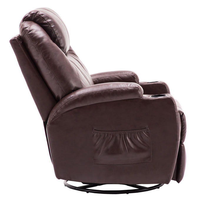 Mcombo Manual Swivel Rocker Recliner Chair with Massage and Heat, 2 Side Pockets, 2 Cup Holders, Durable Faux Leather 8031