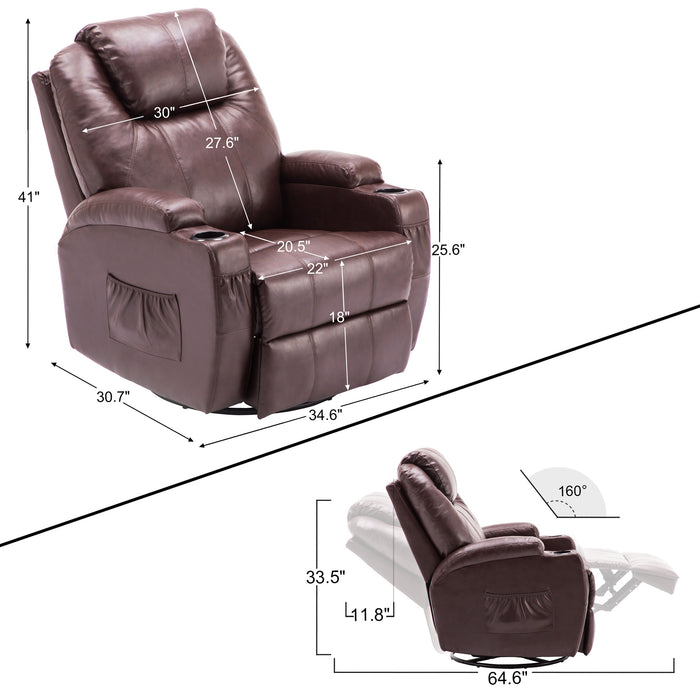 MCombo Manual Swivel Rocker Recliner Chair with Massage and Heat, 2 Side Pockets, 2 Cup Holders, Durable Faux Leather 8031