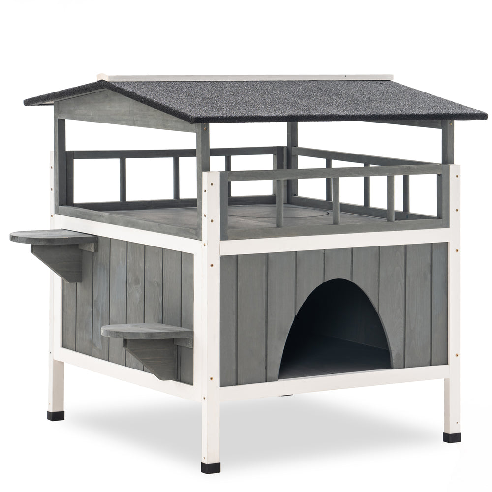Lovupet Wooden Cat House Indoor Outdoor, 2 Story Cat Shelter House Condos with Roof for Small Dogs, Pet, Feral Cat Gray 6012-1377EY