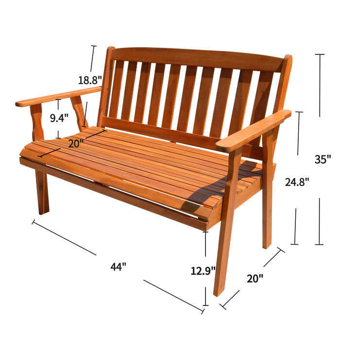 Mcombo Patio Wood Garden Bench 2-Seat ,Outdoor Acacia Loveseat furniture, All-Weather Bench with Backrest and Armrest for Deck Porch Balcony Backyard, 705 lbs Capacity 6083-BC01-WD