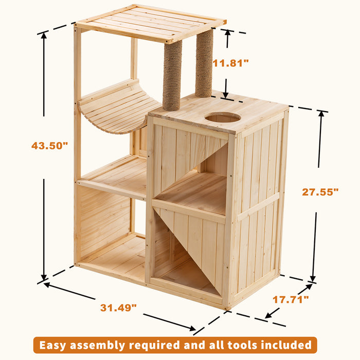 Mcombo Wooden Cat House for Indoor Cats, Solid Wood Cat Condo with Scratching Columns 6012-0505