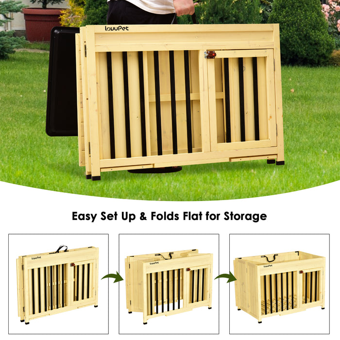 Mcombo Wooden Dog Crate Furniture End Table with Door, No Assembly Portable Foldable Pet Crate Dog Kennel Indoor with Removable Tray