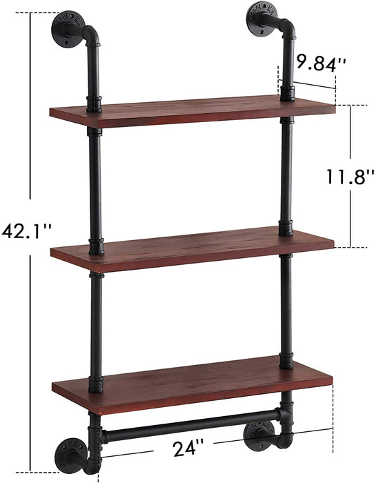 Industrial Pipe Bathroom Wall Shelf, Rustic Wall Mounted Storage Shelves with Towel Bar for Bathroom Kitchen, Wall Organizer Towel Racks Over Toilet, Retro Brown us-6090-HG311/322/333BR