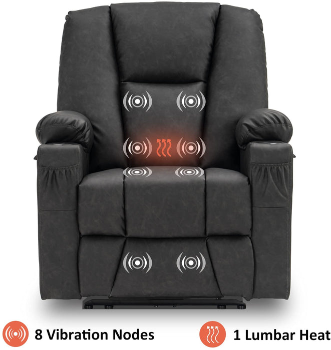 Mcombo Electric Power Recliner Chair with Massage and Heat, Extended Footrest, USB Ports, 2 Side Pockets, Cup Holders, Faux Leather 8015 (Dark Brown)