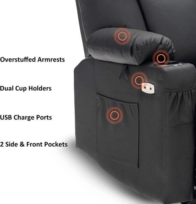 Mcombo Electric Power Recliner Chair with Massage & Heat, Extended Footrest, USB Ports, 2 Side Pockets, Cup Holders, Faux Leather 8015