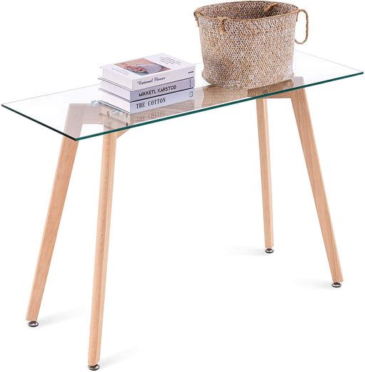 Narrow Glass Desk Modern Glass Console Table Glass Writing Desk Small Dining Table Small Computer Desk Entryway Table Narrow Desk Small Desks Glass Top Desk for Small Spaces Wooden Leg(16x43),6090-TAM-WT