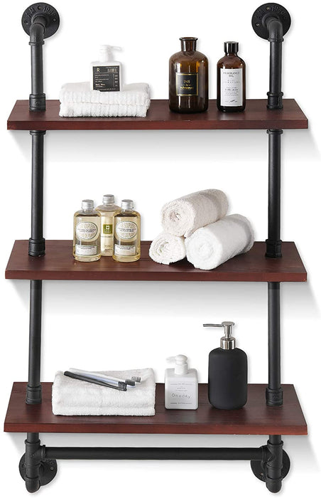 Industrial Pipe Bathroom Wall Shelf, Rustic Wall Mounted Storage Shelves with Towel Bar for Bathroom Kitchen, Wall Organizer Towel Racks Over Toilet, Retro Brown us-6090-HG311/322/333BR