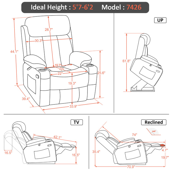 MCombo Large Electric Power Lift Recliner Chair with Extended Footrest for Big and Tall Elderly People, Hand Remote Control, Lumbar Pillow, USB Ports, 7426