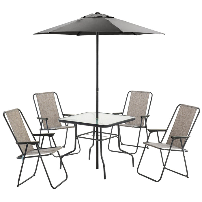 Mcombo 6 Pieces Outdoor Patio Dining Set with Glass Table, Umbrella and Set of 4 Chairs for Lawn, Deck, Backyard, 4525 Grey
