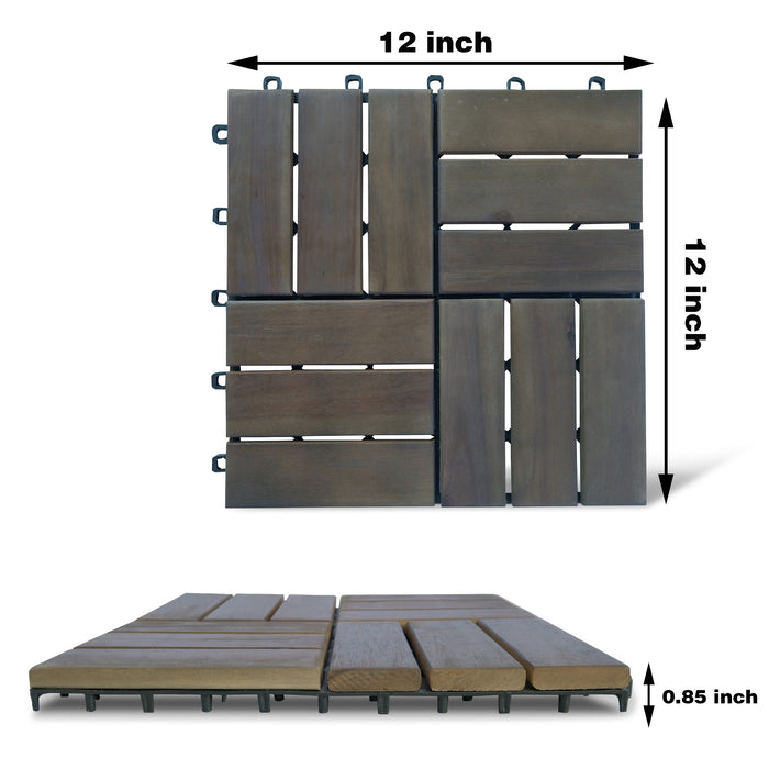 Mcombo Wood Outdoor Flooring, Interlocking Deck Tiles Solid Wood Acacia Deck Tiles for Patio Lawn Garden Balcony and Backyard (Pack of 10, 12" x12"), 6083-IN01-BR/6083-IN02-EY/6083-IN03-wd