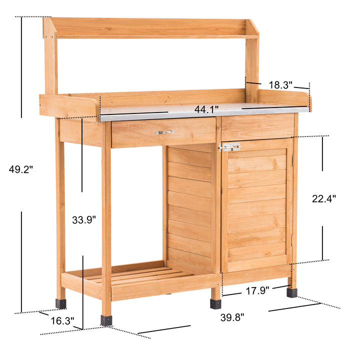 MCombo Potting Bench, Outdoor Garden Wood Potting Table Workstation with Cabinet, Metal Tabletop, Sliding Drawer, Open Shelf 6059-0440