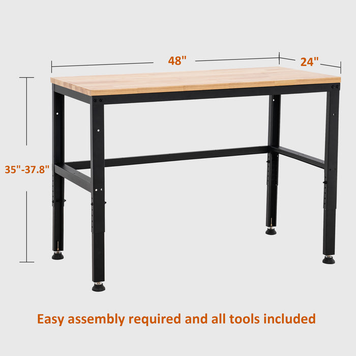Mcombo Heavy Duty Workbench with Solid Acacia Wood Tabletop, Overall Steel Frame Worktable with Adjustable Legs for Garage, Warehouse and Kitchen 6220-Bench-WD48