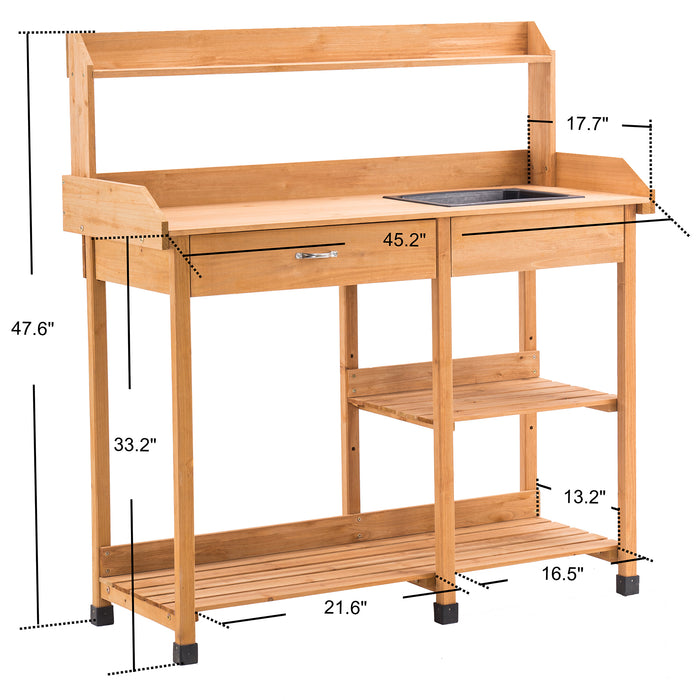 MCombo Potting Bench, Outdoor Garden Potting Table with Dry Sink, Drawer, Storage Shelves, Natural Wooden Work Station for Patio, Backyard and Porch 6059-0458