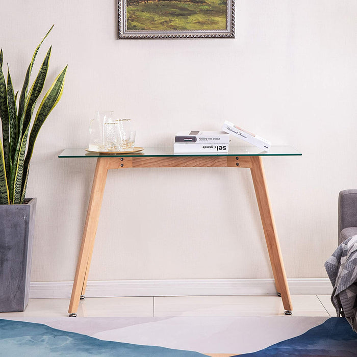 Narrow Glass Desk Modern Glass Console Table Glass Writing Desk Small Dining Table Small Computer Desk Entryway Table Narrow Desk Small Desks Glass Top Desk for Small Spaces Wooden Leg(16x43),6090-TAM-WT