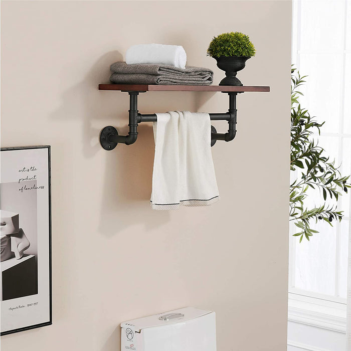 Industrial Pipe Bathroom Wall Shelf, Rustic Wall Mounted Storage Shelves with Towel Bar for Bathroom Kitchen, Wall Organizer Towel Racks Over Toilet, Retro Brown us-6090-HG311/322/333BR