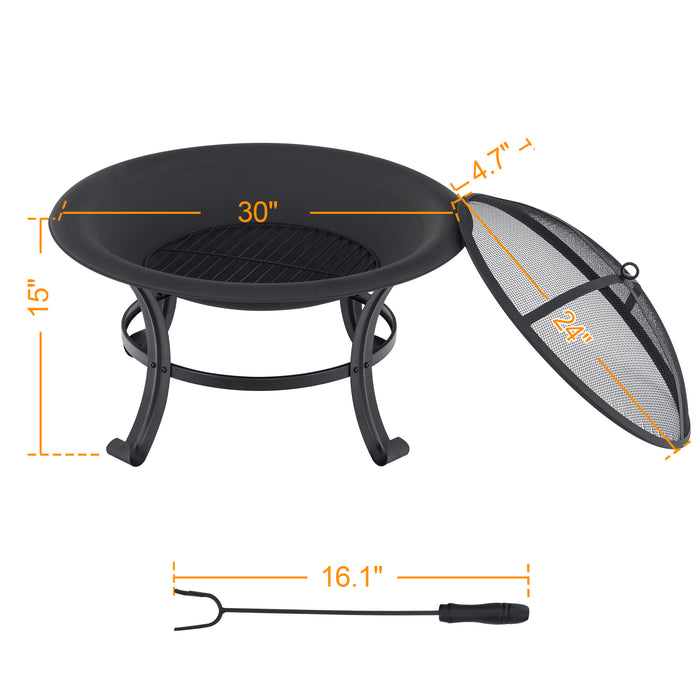 MCombo 30" Metal Black Fire Pit Round Table Backyard Patio Terrace Fire Bowl Heater/BBQ/Ice Pit with Charcoal Rack Waterproof Cover FT073, Black
