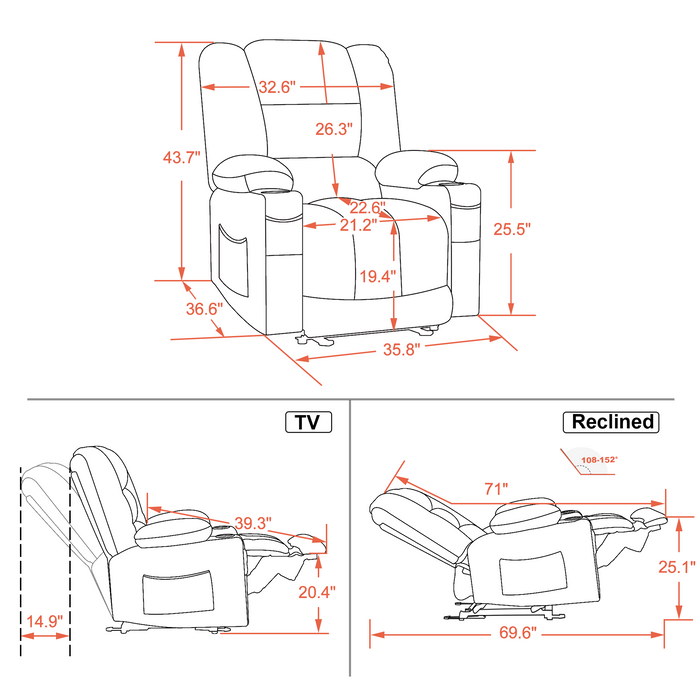 Mcombo Electric Power Recliner Chair with Heat and Massage, USB Ports, Cup Holders, Reclining chair for Living Room 6079