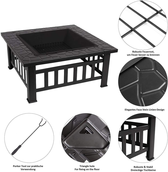 Mcombo 32" Metal Fire Pit Square Table Backyard Patio Terrace Fire Bowl Heater/BBQ/Ice Pit with Charcoal Rack Waterproof Cover 0039, Black