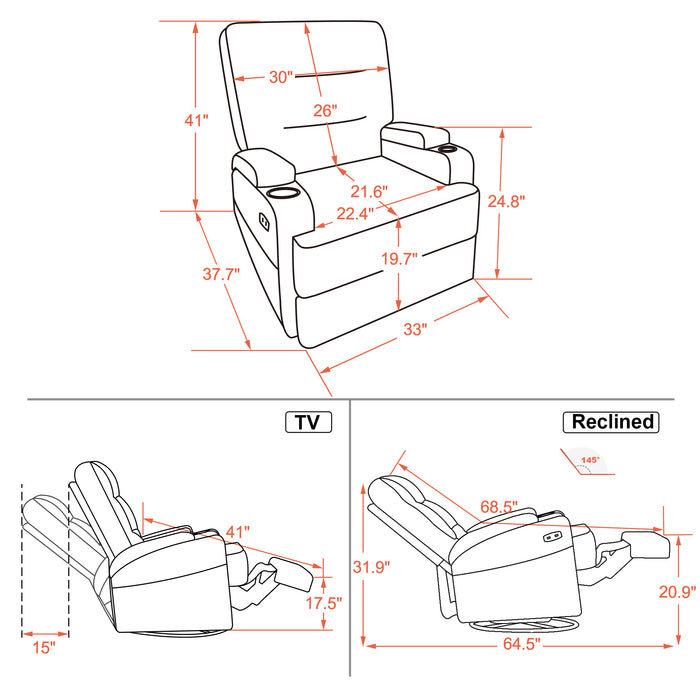 Mcombo Electric Power Swivel Glider Recliner Chair with Heat and Vibrating for Nursery, USB ports, Pillow, Cup Holders, Remote Control, Fabric 7752