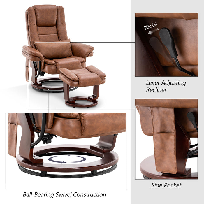 MCombo Recliner with Ottoman Chair Accent Recliner Chair with Vibration Massage, 360 Degree Swivel Wood Base, Faux Leather 9096