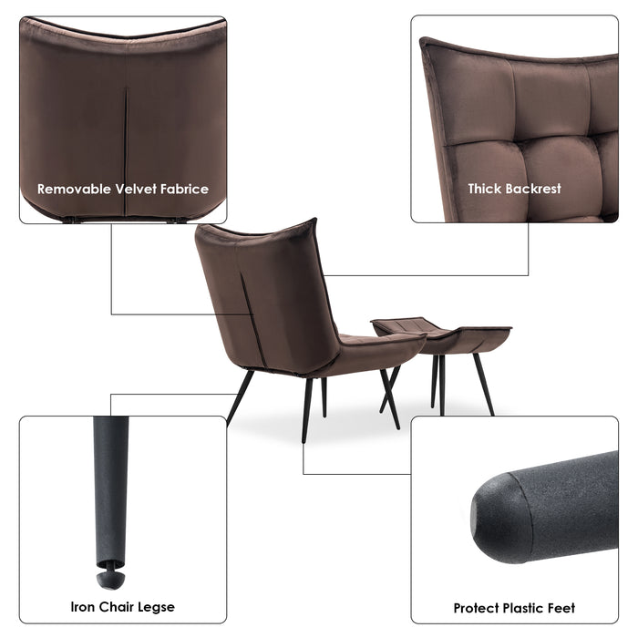 MCombo Accent Chair with Ottoman, Velvet Modern Tufted Wingback Club Chair, Upholstered Leisure Chairs with Metal Legs for Bedroom Living Room 4079