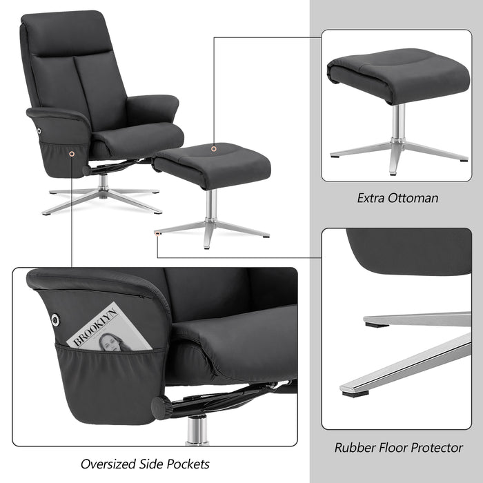 Mcombo Swivel Recliner with Ottoman, Modern Armchair with Heavy Duty Aluminum Base, Faux Leather Lounge Chair for Living Room Bedroom Office, 4603