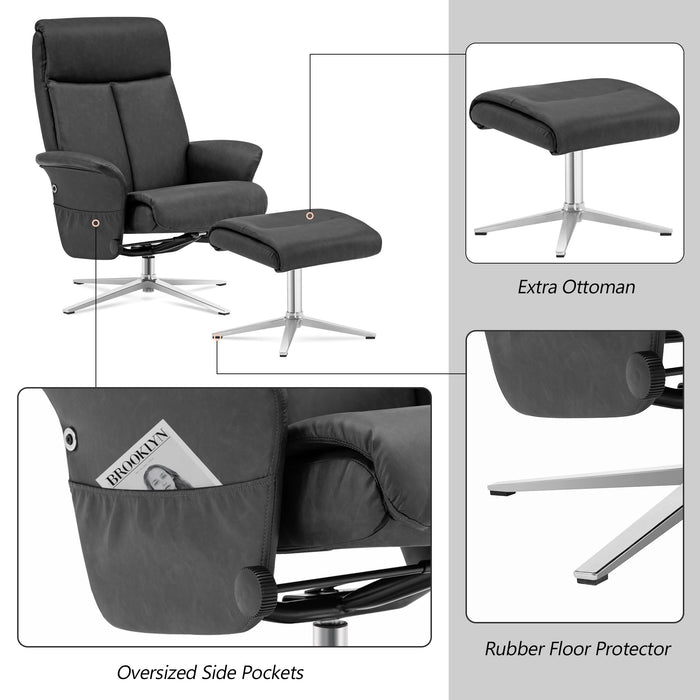 Mcombo Swivel Recliner with Ottoman, Modern Armchair with Heavy Duty Aluminum Base, Faux Leather Lounge Chair for Living Room Bedroom Office, 4603