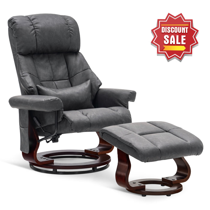 MCombo Recliner with Ottoman Reclining Chair with Massage and Lumbar Pillow, 360 Degree Swivel Wood Base, Faux Leather 9068